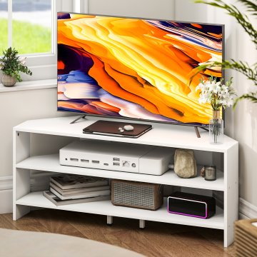 HOMCOM Kotna TV omarica 47" max z 2 odprtimi policami, moderna TV omarica iz iverne plošče, za spalnico in dnevno sobo, 110x36x45 cm, bela