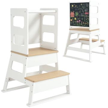 AIYAPLAY Montessorijski stolp za otroke 3-6 let z tablo in varnostno ograjo, montessorijska lestev za otroke iz MDF in borovega lesa, za kopalnico, kuhinjo in stranišče, bela in barva lesa