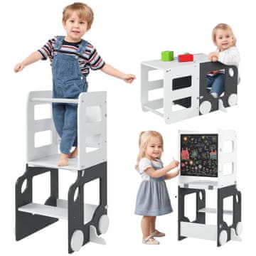 AIYAPLAY Scala Montessori 4 v 1 zložljiva za otroke 3-6 let z 2 tablama in komplet miza in stol, Montessori stolp v obliki avtomobila iz MDF in borovega lesa, 58x46x92 cm, bela
