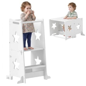 AIYAPLAY Montessori stolp za otroke, pretvorljiv v set mize in stolov z varnostno palico, 2 v 1 tabure za otroke 3-6 let iz lesa, učni stolp za kopalnico, kuhinjo, bel