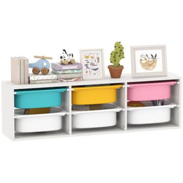 AIYAPLAY Lesena polica za igrače za otroke, Montessori knjižnica s 6 odstranljivimi plastičnimi posodami, za otroške sobe, vrtce, igralnice, 97x21x29 cm, večbarvna