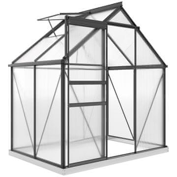 OUTSUNNY Vrtni rastlinjak iz polikarbonata z aluminijastim okvirjem 2.5m2, rastlinjak za vrt s temeljem, žlebovi, nastavljivo strešno okno, krilna vrata, za rastline, UV zaščita, siva