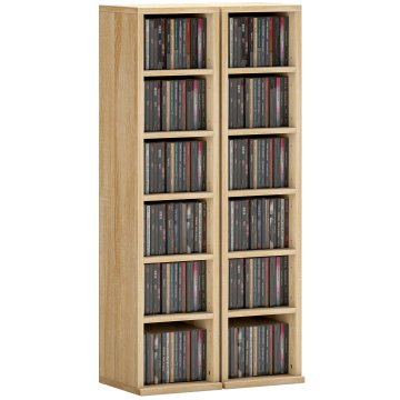 HOMCOM Komplet 2 cd-polic z nastavljivimi policami, prostor za shranjevanje 204 cd-jev, cd-omara z 12 predelki, za dnevno sobo, spalnico, pisarno, 21x22.5x88.5cm, hrast