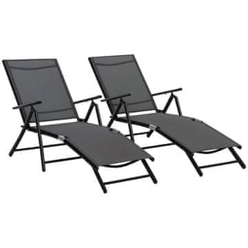 OUTSUNNY Komplet 2 zložljivih vrtnih ležalnikov z nastavljivim naslonjalom v 7 položajih, ležalnik za plažo iz aluminija in zračne mreže, črni