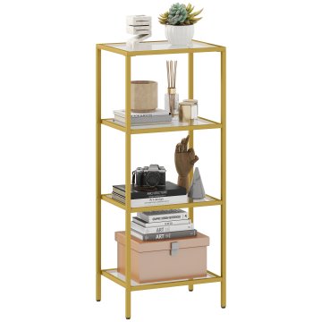 HOMCOM Ločni regal s 4 policami, moderni regal za shranjevanje iz kaljenega stekla s kovinsko konstrukcijo, za kopalnico, dnevno sobo, spalnico, študij in pisarno, 40x30x96.5 cm, zlata