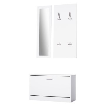 HOMCOM Komplet vhodnega pohištva 3 kosov z klopjo za čevlje, stenskim obešalnikom in ogledalom, garderobno omaro za spalnico in hodnik iz lesa, 80x27x46.5 cm, bela