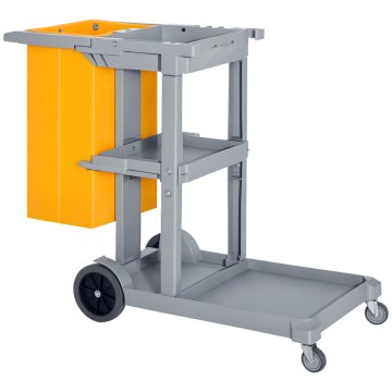 HOMCOM Profesionalni voziček za čiščenje s 3 policami, kavlji za metlo, 4 kolesi in vrečo 100L, oranžen 121 x 50.5 x 96.5cm