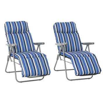 OUTSUNNY Set di 2 sedia sdraio da giardino pieghevoli, set di 2 lettini prendisole con schienale regolabile a 5 livelli, cuscini, braccioli, in acciaio e poliestere, per esterni, patio, blu e crema