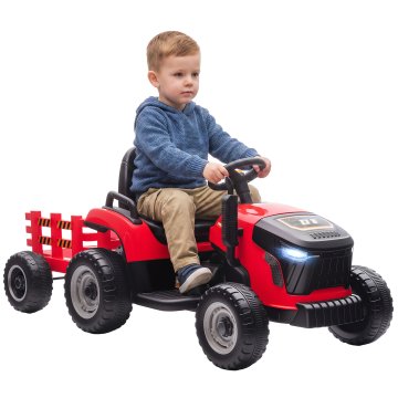 AIYAPLAY 2 V 1 električni traktor za otroke 3-8 let 12V s snemljivo prikolico, električni avtomobil za jahanje za otroke z daljinskim upravljanjem, varnostni pas, glasba, luči in hupa, rdeča
