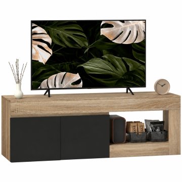 HOMCOM Mobilni TV, mobilni nosilec TV do 60" z omarico 2 vrata soft close in odprto polico, omarica za televizijo za dnevno sobo, spalnico in salon, 140x40x48 cm, črna in barva lesa