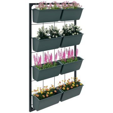 OUTSUNNY Fioriera da esterno verticale a 4 livelli, 8 vasi per piante da esterno in plastica con fori di drenaggio, portavasi da appendere per fiori ed erbe aromatiche, 52.5x14x90 cm, verde scuro