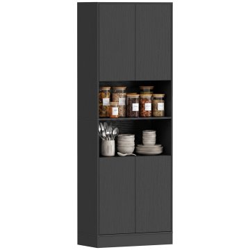 HOMCOM Visoka kuhinjska kredenca 170cm, shrambna omarica z vrati soft close, 2 odprte police, nastavljive police, kuhinjsko pohištvo za jedilnico in dnevno sobo, 60x30x170 cm, črni lesni efekt