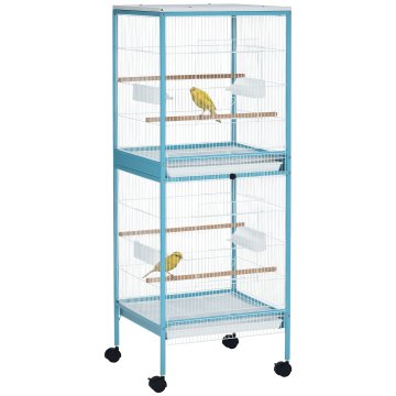 PAWHUT Ptičja kletka 2 v 1 notranja voliera s 4 vrtljivimi kolesi, izvlečnimi pladnji in plastičnimi posodami, 51.5x50x140 cm, modra