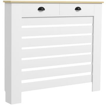HOMCOM Moderni radiatorski pokrov z letvicami, moderni radiatorski pokrov z rešetko z antiprevrnitvijo in 2 predaloma iz MDF, za dom in pisarno, 111x19x95.5 cm, bela