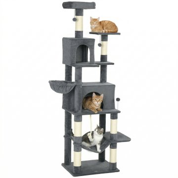 PAWHUT Tiragraffi per gatti alto 202 cm, albero per gatti multilivello con 6 pali graffiatoi, 2 grotte, 2 cucce, amaca, 3 pompon, piattaforma e corda, torre per gattini, in peluche, grigio scuro