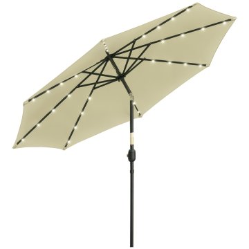 OUTSUNNY Vrtni nagibni senčnik Ø265 cm z 32 lučmi LED solarnimi in ročico, zunanji senčnik z 8 rebrimi, iz jekla, poliestra, za patio dvorišče balkon teraso, bež