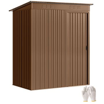 OUTSUNNY Casetta da giardino 1.37M² in metallo, montaggio facile, capanno porta attrezzi da giardino con prese d'aria, porta scorrevole, tetto inclinato e guanti, 159x106x181 cm, marrone