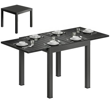 OUTSUNNY Raztegljiva vrtna miza za 4-6 oseb 80/160x80 cm, raztegljiva pravokotna zunanja jedilna miza iz aluminija z deskastim reliefnim lesenim vrhom, za teraso balkon patio, črna