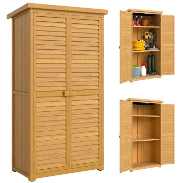 OUTSUNNY Vrtna omara iz smrekovega lesa, vrtna orodjarna s paličnimi vrati, poševna streha iz asfalta, 3 police, zaklenjiva zunanja lopa za orodje, 87x46.5x160cm, les