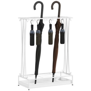 HOMCOM Stojalo za dežnike za notranjo uporabo z posodo za odvodnjavanje, 21 lukenj in 24 kljuk za dežnike, stojalo za dežnike iz jekla, 50x24x68 cm, belo