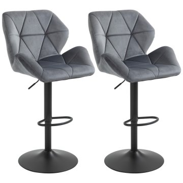 HOMCOM Set 2 visokih barskih stolov iz žameta oblazinjenih z nastavljivo višino, vrtljivi kuhinjski stoli z naslonom in oporo za noge, 57x58x97-117cm siva