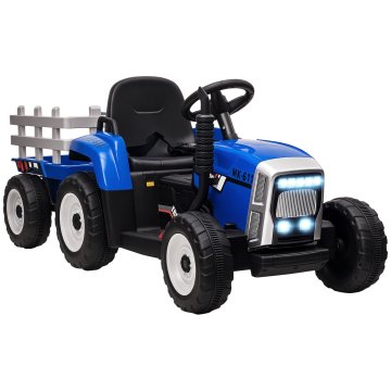 HOMCOM Električni traktor za otroke s snemljivim priklopnikom, polnilna baterija 12V z daljinskim upravljalnikom, USB vrata, vgrajena glasba in luči, starost 3-6 let, moder