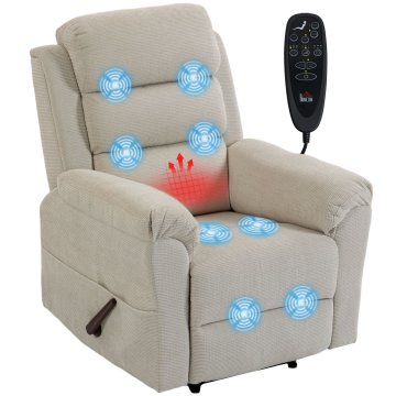 HOMCOM Masažni naslanjač ročno nagnljiv 135° grelni, nastavljiv naslon za glavo v 3 stopnjah, 8 masažnih točk, oblazinjen relax naslanjač z naslonom za noge, 4 stranski žepi, ženilj, krem