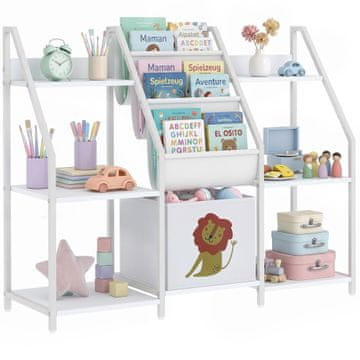 AIYAPLAY Montessori knjižna polica za otroke 3-8 let, nosilec knjig s 3 tkaninskimi policami, večplastni predali in predal z levjim tiskom, 93x30x76 cm, bela