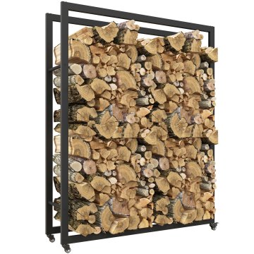 OUTSUNNY Polica za drva za zunanjo in notranjo uporabo s kolesi, kovinska ojačana drvarnica s prostornino 0, 43 m³, 120x32x151 cm, črna