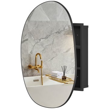HOMCOM Kopalniško ogledalo z omarico s 3 policami, 61x12x79 cm nepravilne oblike, kopalniška omara z ogledalom, stenska kopalniška omarica za prihranek prostora iz stekla, črna