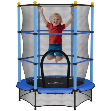 HOMCOM Elastični trampolin za otroke z varnostno mrežo in oblazinjenimi palicami, elastična blazina za otroke iz jekla za notranjo in zunanjo uporabo, starost 3-10 let, Ø140 x 190 cm, modra in črna
