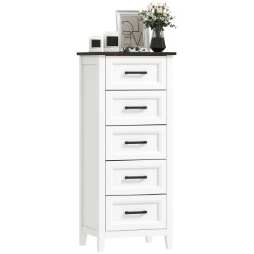 HOMCOM Ozek visok predalnik za spalnico s 5 predali, komoda za spalnico s pultom z lesnim efektom, prostorsko varčen predalnik za dnevno sobo, hodnik, vhod, 45x35x106 cm, bela
