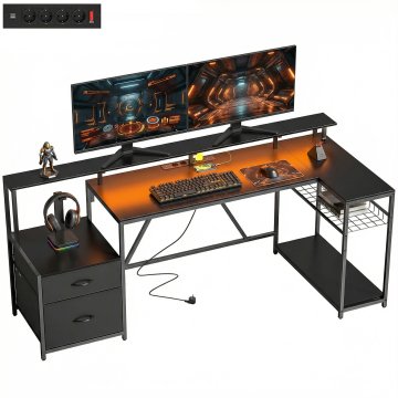HOMCOM Pisalna miza igralna kotna reverzibilna z LED, 192.5x80cm pisalna miza uradna v obliki črke l z električnimi vtičnicami, nosilec za monitor in CPU, 2 predala iz blaga za dokumente A4/Pravne