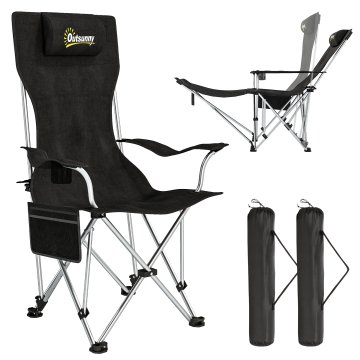 OUTSUNNY Set 2 zložljivih kamp stolic z odstranljivim naslonom za noge, držalom za skodelice in stranskim žepom, vrtne stolice iz oxford blaga in kovine, nosilnost do 120 kg, 125x48x90 cm, črna