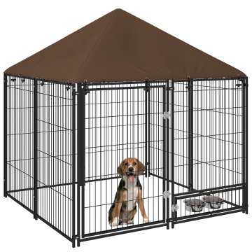 PAWHUT Zunanja ograda za pse, jekleni boks za pse 141x141x151 cm s anti-uv streho, nepremočljiv, vrtljiva skleda, prostorna ograda za mladiče, vrt, črna in rjava