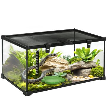 PAWHUT Terrarij za plazilce dvignjen z zaklepom in vrati za hranjenje, terrarij za želve in kače iz kaljenega stekla in kovinske mreže, 50x30x25 cm, črna