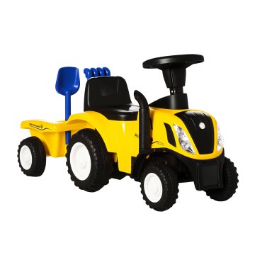 HOMCOM Igrača traktor za otroke jahanje s prikolico, grabljami in lopato, izobraževalna igra za otroke 12-36 mesecev, 91x29x44cm, rumena