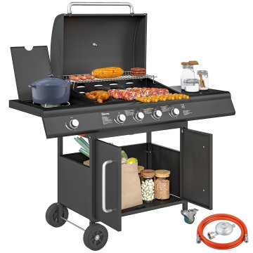 OUTSUNNY Plinski žar iz jekla in PP, BBQ na plin s 4+1 gorilniki 15.2 KW z omarico, pokrovom, termometrom, kolesi, 3 rešetkami, stransko mizo, posodo za maščobo, regulatorjem, črn