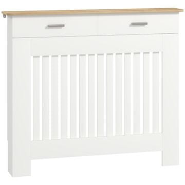HOMCOM Moderen letveni protiprevrnilni pokrov za radiator s predalom za shranjevanje, leseni pokrov za radiator za dnevno sobo, hodnik in pisarno, 112x19x97 cm, bela