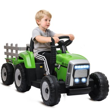 HOMCOM Električni traktor za otroke z odstranljivo prikolico, polnilna baterija 12V z daljinskim upravljalnikom, vrati USB, prednameščena glasba in luči, starost 3-6 let, zelena