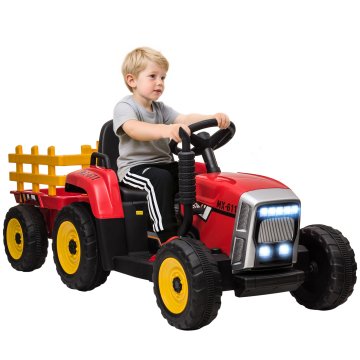 HOMCOM Električni traktor za otroke s snemljivim priklopnikom, 12V polnilna baterija z daljinskim upravljalnikom, USB vrata, prednameščena glasba in luči, starost 3-6 let, rdeč