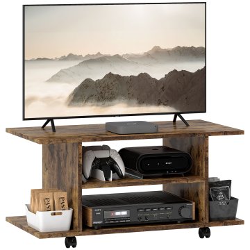 HOMCOM TV omarica moderna s policami, omarica za TV 42" z vrtljivimi kolesi z zavorami, 2 majhni stranski policici za dnevno sobo in spalnico, 80x40x40 cm, rustično rjava