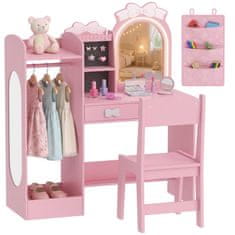 AIYAPLAY Set toeletta trucco bambina 3 v 1 z sedežem, obešalnikom, lesenim ličilnim mestom z akrilnimi ogledali z 2-Barvnimi svetili, predali, ličilna miza za otroke 3-8 let, roza