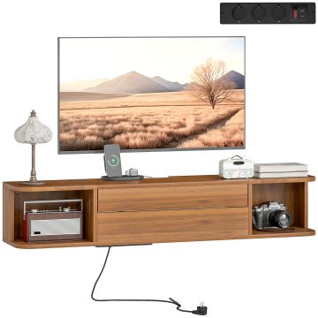 HOMCOM Viseči TV regal, TV regal do 50" z električnimi vtičnicami, USB in tip C, drsni predal, odprte police in kabelski prehodi, za dnevno sobo, spalnico, 120x24x22.4 cm, oreh