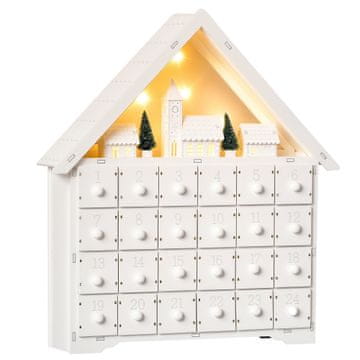 HOMCOM Adventni koledar iz lesa za polnjenje s 24 predali in božična vasica z drevesi in lučmi, 39 x 9 x 42 cm
