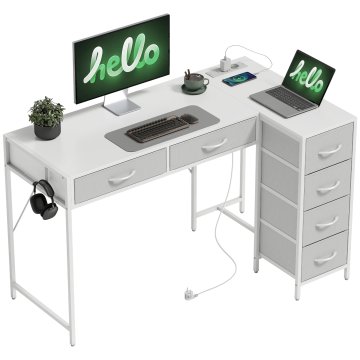 HOMCOM Kotna reverzibilna pisalna miza z vtičnicami in vrati USB, 126x48 cm l-kotna miza z 6 predali iz blaga, stranska kljuka, za računalnik pisarno študij dom, bela