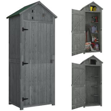 OUTSUNNY Capanno da giardino piccolo in legno, casetta porta attrezzi salvaspazio con 3 mensole rimovibili e apertura sul tetto, tetto in asfalto impermeabile e porta con blocco, 77x54.2x179cm, grigio
