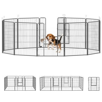 PAWHUT Ograja za pse velike pasme z 12 nastavljivimi paneli velikosti 80x1.5x100 cm, zložljiva ograja za pse in kužke z jeklenimi vrati in 12 klini, siva