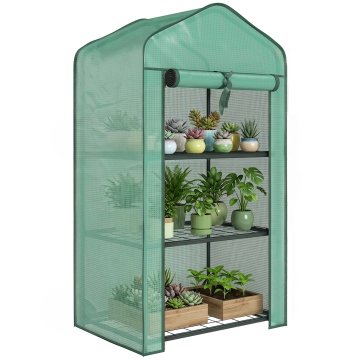 OUTSUNNY Balkonski rastlinjak s 3 nivoji z navijalnimi vrati, rastlinjak za vrt z jekleno konstrukcijo in PE prevleko, za rastline vrt zelenjavo cvetje sadje, 59x39x127 cm, zelena