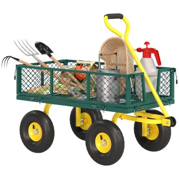 OUTSUNNY Robusten vrtni voziček, jekleni priklopnik z odstranljivimi stranicami, pretvorljiv v platformo, kolesa 25cm, vrtljiv ročaj za 180°, nosilnost 200 kg, za plažo, travnik in vrt, zelena